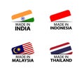 Set of four Indian, Indonesian, Malaysian and Thai stickers. Made in India, Made in Indonesia, Made in Malaysia