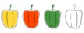 A set of four isolated bell peppers drawn in one line with yellow, orange, green substrates and without it. Royalty Free Stock Photo