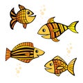 Set of four isolated hand drawn colored yellow and orange fishes with black outlines on white background. Royalty Free Stock Photo