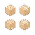 Set of four isometric cardboard boxes isolated on white background.