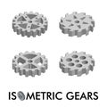 Set of four isometric gears isolated on a white background. Isometric vector illustration.