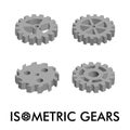 Set of four isometric gears isolated on a white background. Isometric vector illustration. Set of 3D icons