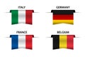 Set of four Italian, German, Belgian and French flag ribbons. Made in Italy, Made in France, Made in Germany and Made in Belgium