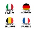 Set of four Italian, German, Belgian and French stickers. Made in Italy, Made in France, Made in Germany and Made in Belgium