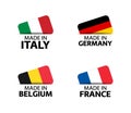 Set of four Italian, German, Belgian and French stickers. Made in Italy, Made in France, Made in Germany and Made in Belgium.