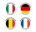 Set of four Italian, German, Belgian and French stickers. Made in Italy, Made in France, Made in Germany and Made in Belgium