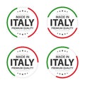 Set of four Italian icons, English title Made in Italy, premium quality stickers and symbols