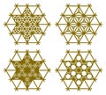 Set of four Japanese Kumiko patterns in hexagon.Brown color lines