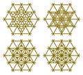 Set of four Japanese Kumiko patterns in hexagon.Brown color lines