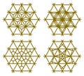 Set of four Japanese Kumiko patterns in hexagon.Brown color lines