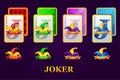 Set of four Jokers playing cards suits for poker and casino. Joker Poker symbols for casino and GUI graphic. Royalty Free Stock Photo