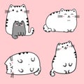 Set of four kawaii cute fat white cats in different poses.