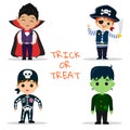 Set of four kids Halloween party characters. Children in colorful Halloween costumes vampire, pirate, skeleton, monster