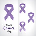 Set of four lavender awareness ribbon symbol of 4th February World Cancer Day with concept ribbon and lettering