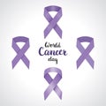 Set of four lavender awareness ribbon symbol of 4th February World Cancer Day with concept ribbon and lettering and