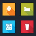 Set Four leaf clover, Folder, Computer cooler and Coffee cup icon. Vector