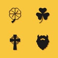 Set Four leaf clover, Mustache and beard, Celtic cross and Clover trefoil icon with long shadow. Vector Royalty Free Stock Photo