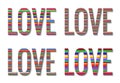 Set of four Love words with different horizontal stripes patterns