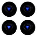 Set of four magic 8 balls with turn predictions on white background