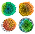 Set with four mandalas on blue and orange watercolor stains. Vector ornaments Royalty Free Stock Photo