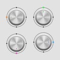 Set of four metal control knobs with colorful lights - vector illustration