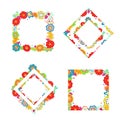 Set of four multicolour rectangular doodle frames made of flower, star, cloud shapes. Copy space design elements