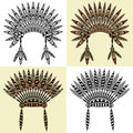 Set of four native american head dress with ethnic ornament