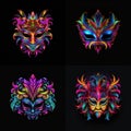 Set of four neon carnival masks. isolated black background. Concept of mardi gras. Created with generative AI