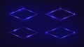 Set of four neon rhomb frames with shining effects on dark background