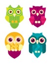 Set of four owls isolated on white background. Flat icons. Vector illustration