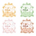 Set of four packs of milk in kawaii style. Strawberry, chocolate cherry, peach, mint.