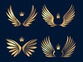 Set of four pairs of gold wings with crowns. Vector illustration