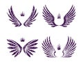 Set of four pairs of wings with crowns in gtunge style. Vector i