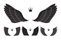 Set of four pairs of wings with crowns. Vector illustration.