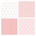 Set of four patterns with flamingo birds, hearts and stripes Royalty Free Stock Photo