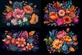 a set of four pictures, a bouquet of various bright colors, on a black background. Royalty Free Stock Photo