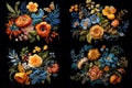 a set of four pictures, a bouquet of various bright colors, on a black background. Royalty Free Stock Photo