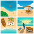 Set of four pictures with couple relaxing on sunny beach. Tourism, boat, summer vector illustration.