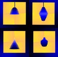 A set of four pictures that looks like a lit window with two lamps, a sugar bowl and a candle