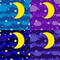 A set of four pictures. The moon against the background of a dark sky of different shades with clouds and stars