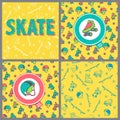 Set of four pictures: Skate board typography, seamless pattern,