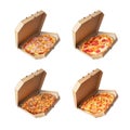 Set of four pizzas with different ingredients in cardboard boxes