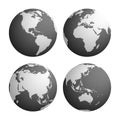 Set of four planet Earth globes with light grey land silhouette map