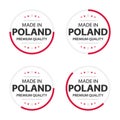 Set of four Polish icons, English title Made in Poland, premium quality stickers and symbols