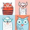 Set of four portraits cat, bear, llama, owl