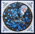 Set of four postage stamps printed in Burundi in 1973. 500 years since the birth of Nicolaus Copernicus. Diagram of the orbits of