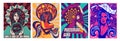 Set of four poster designs of psychedelic girls Royalty Free Stock Photo