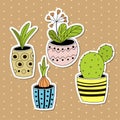 Set of four potted houseplants in a hand-drawn style.