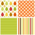 Set of four primitive retro seamless patterns with leaves and rain drops, gingham and striped Royalty Free Stock Photo