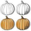 A set of four pumpkins in black and white and colored